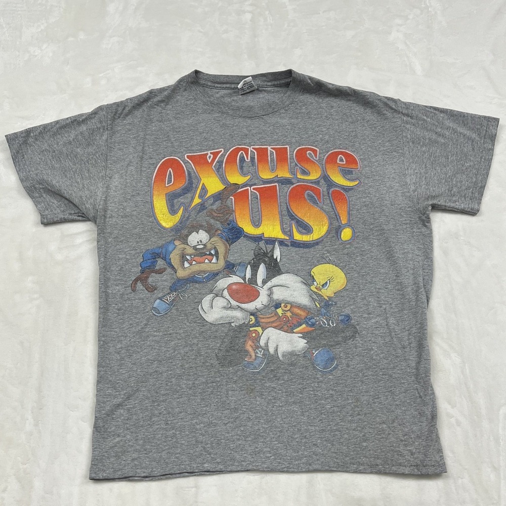 Looney Tunes Graphic T-Shirt Mens M Gray Excuse Us Taz Sylvester Tweety Retro